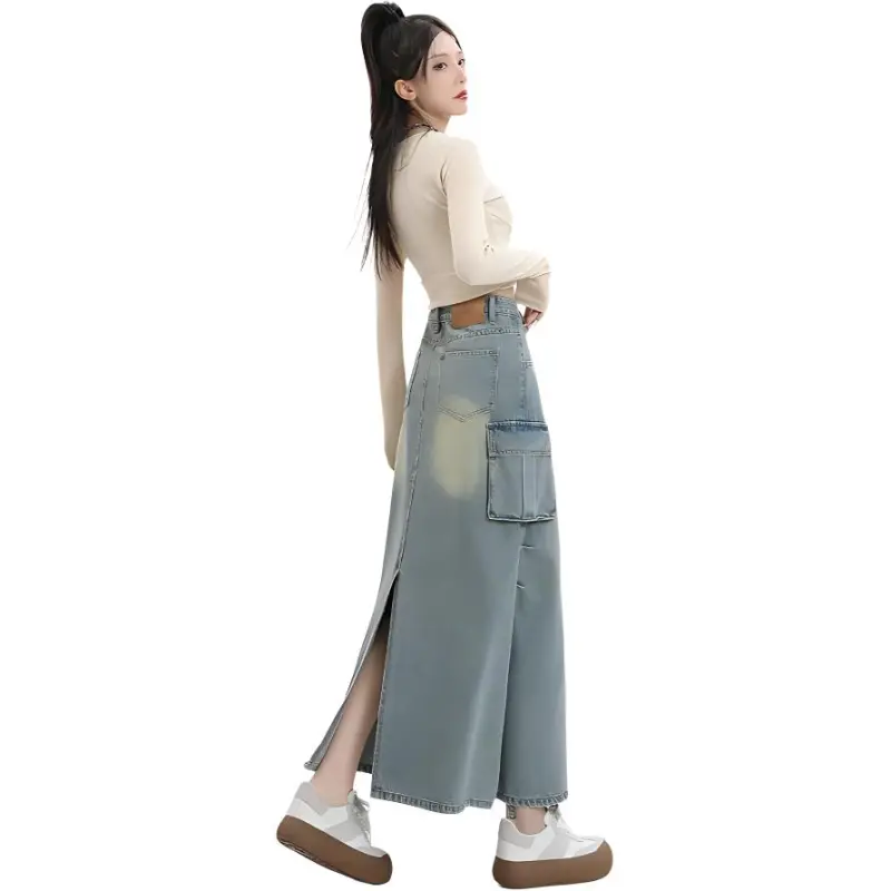 FAWENXIANGZI Denim Long Skirt Women's Light Blue-0