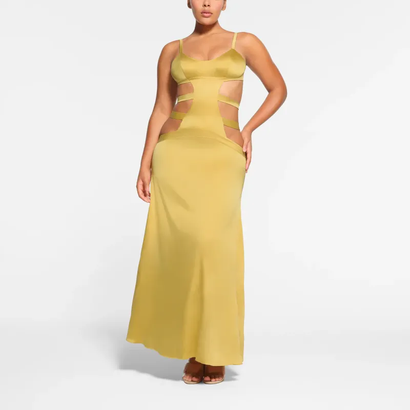 SKIMS SILK STRAPPY LONG SLIP DRESS Slip Dresses Women's Topaz/Yellow Jade-2