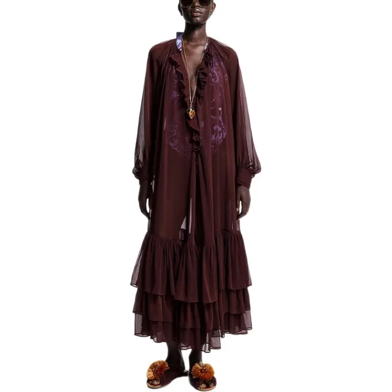 H&M THE WHITE LOTUS Collaboration Long Sleeved Dresses Women's Burgundy-1