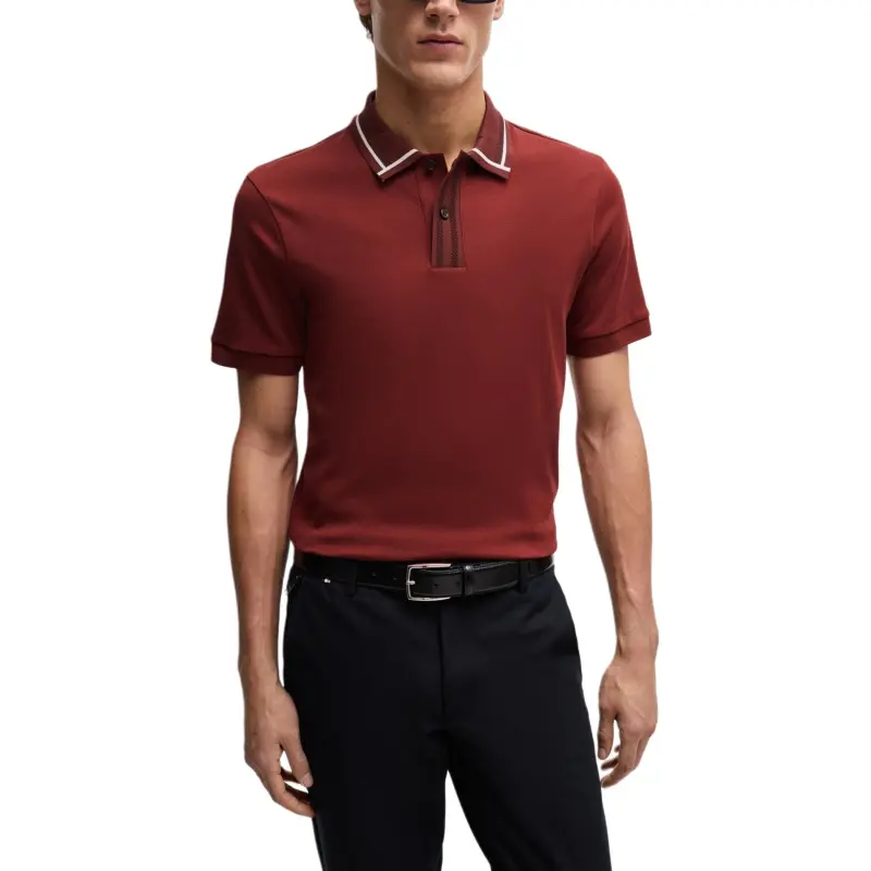 HUGO BOSS Mercerised Cotton Slim Fit Polo Shirt With Contrast Stripes Polo Shirt Men's Red-1