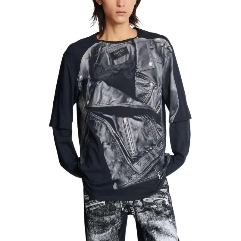 BALMAIN Biker Jacket Printed Long Sleeved T Shirt-1