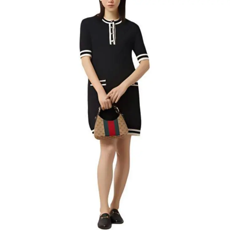 GUCCI Extra Fine Wool Piquet Dress Short Sleeved Dress Women's Black-1