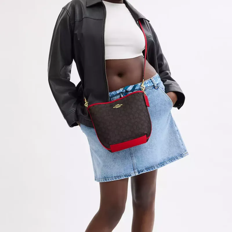 COACH City Coated Canvas Bucket Bag Portable Crossbody Bag Shoulder Bag Small Size Women's Black & Red-3