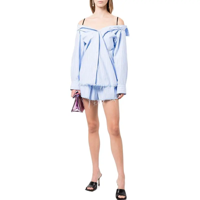 T By Alexander Wang Off Shoulder Boyfriend Charm Bra Strap Shirt Oxford Blue/White-2