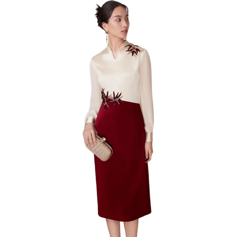 BBLLUUEE Long Sleeved Dress Women's Maple Leaf Red-2