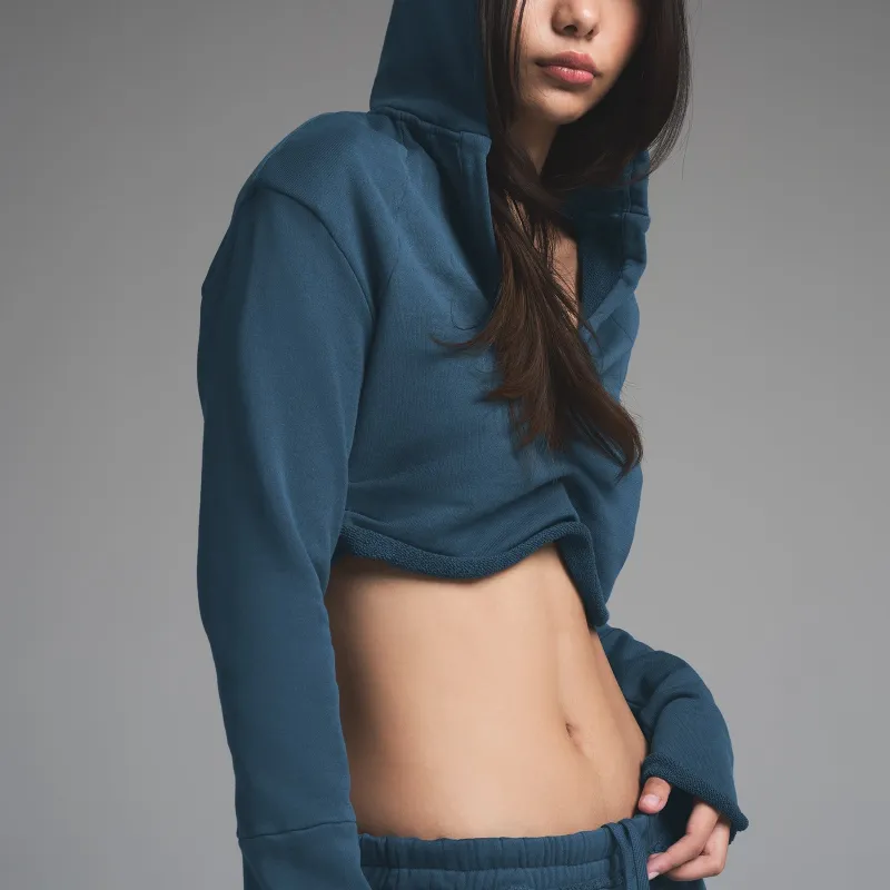 SKIMS SS25 FRENCH TERRY SHOULDER PAD CROPPED HOODIE Sweatshirt Women's INDIGO/Indigo-2