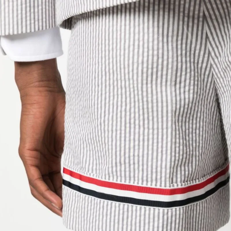 THOM BROWNE Striped Seersucker Cuff Shorts-4