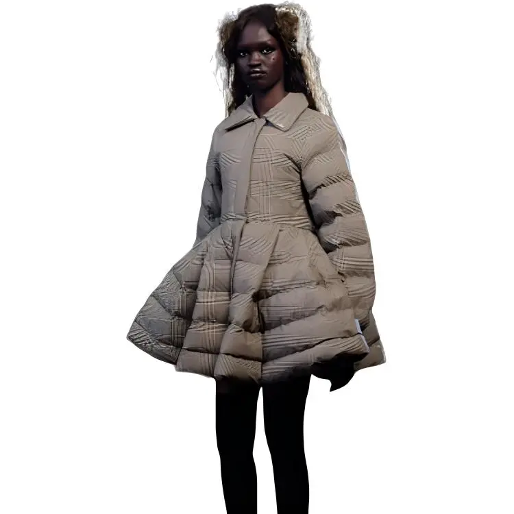 Selkie Collection FW24 Puffer Jacket Women's Brown Base With Houndstooth Plaid Print-1