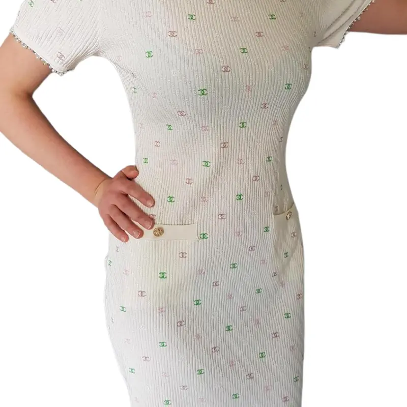 CHANEL Short Sleeved Dress Women's Beige-3