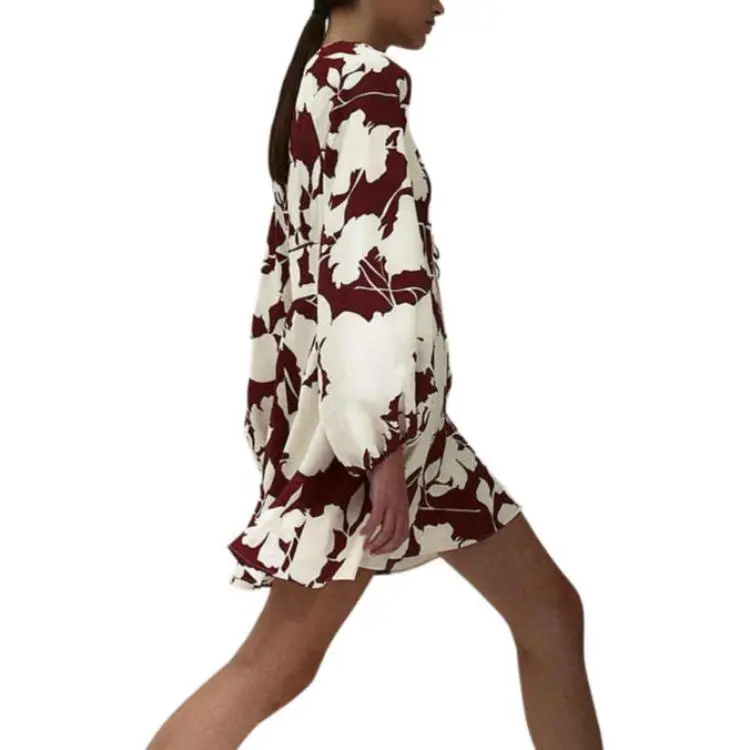 H&M Long-Sleeved Dresses Women's Deep Red/Cream Floral-2