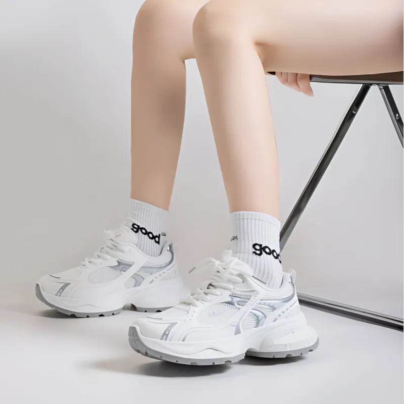 Warrior Anti Slip And Wear Resistant Height Increasing Low Top Chunky Sneakers Women's White Silver-6