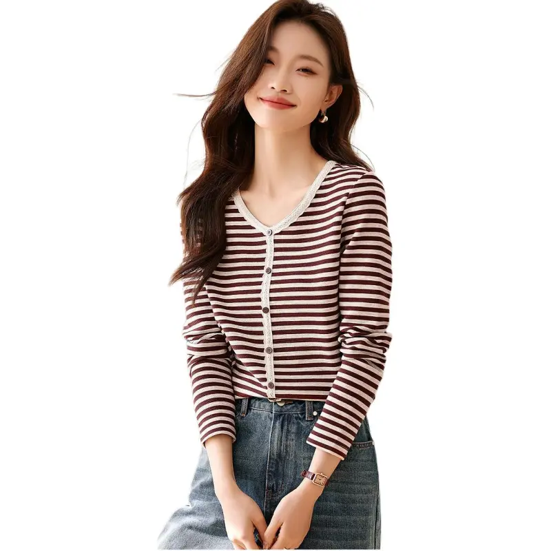 Mo Han Yi Mei T Shirt Women's Red Coffee Stripes-1