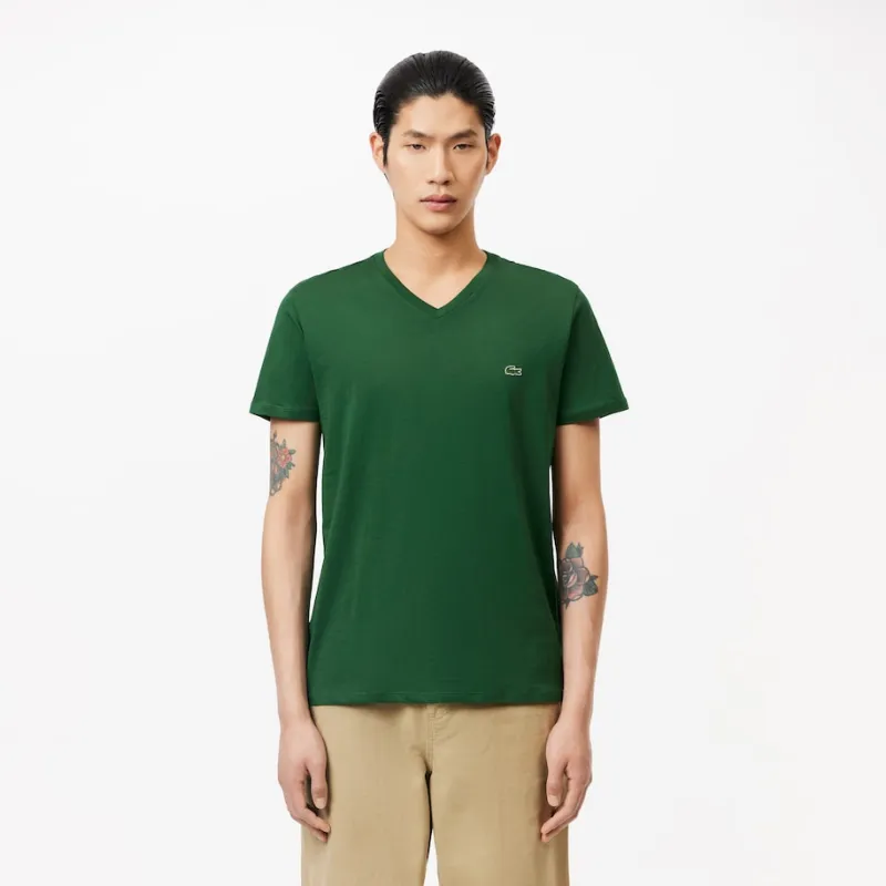 LACOSTE Logo embroidered Cotton V neck T shirt-2