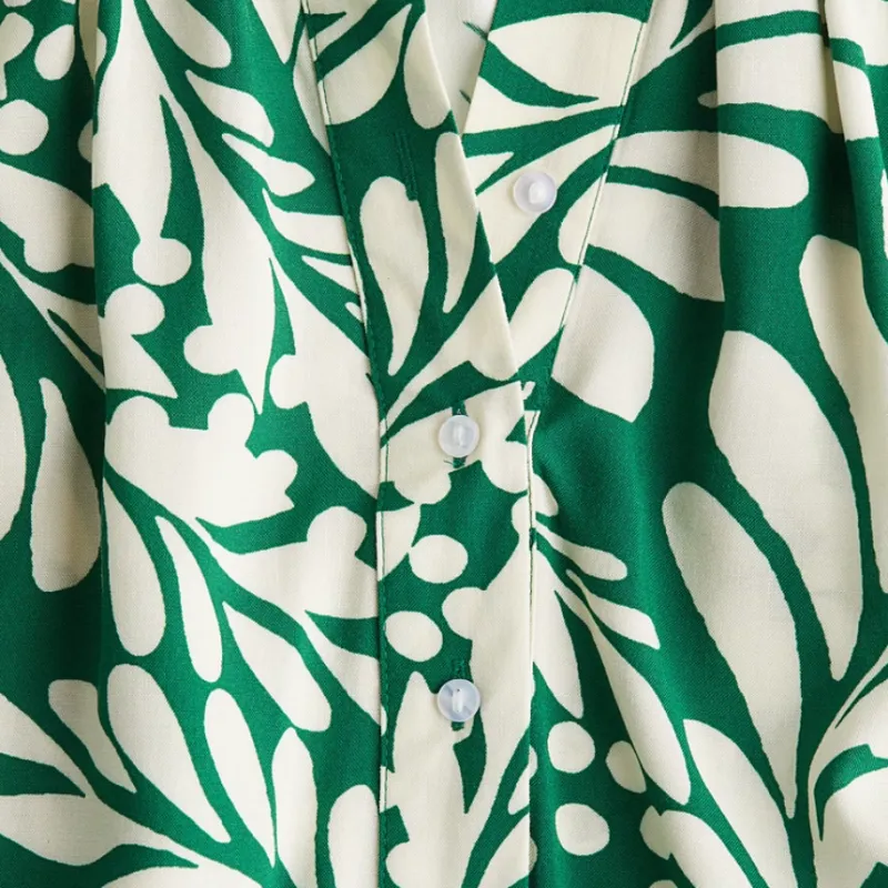H&M Shirt Women's Green/Cream Pattern-4