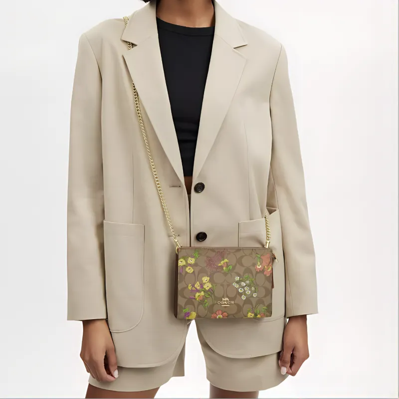 COACH Iconic Canvas Shoulder Bag, Crossbody Bag Trumpets Women's Gold & Khaki Multicolor-4