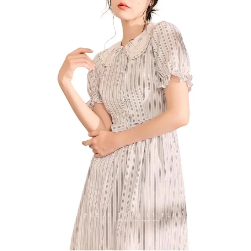 QIAOYUHUAZUN Short Sleeved Dresses Women's Blue White Stripes-3
