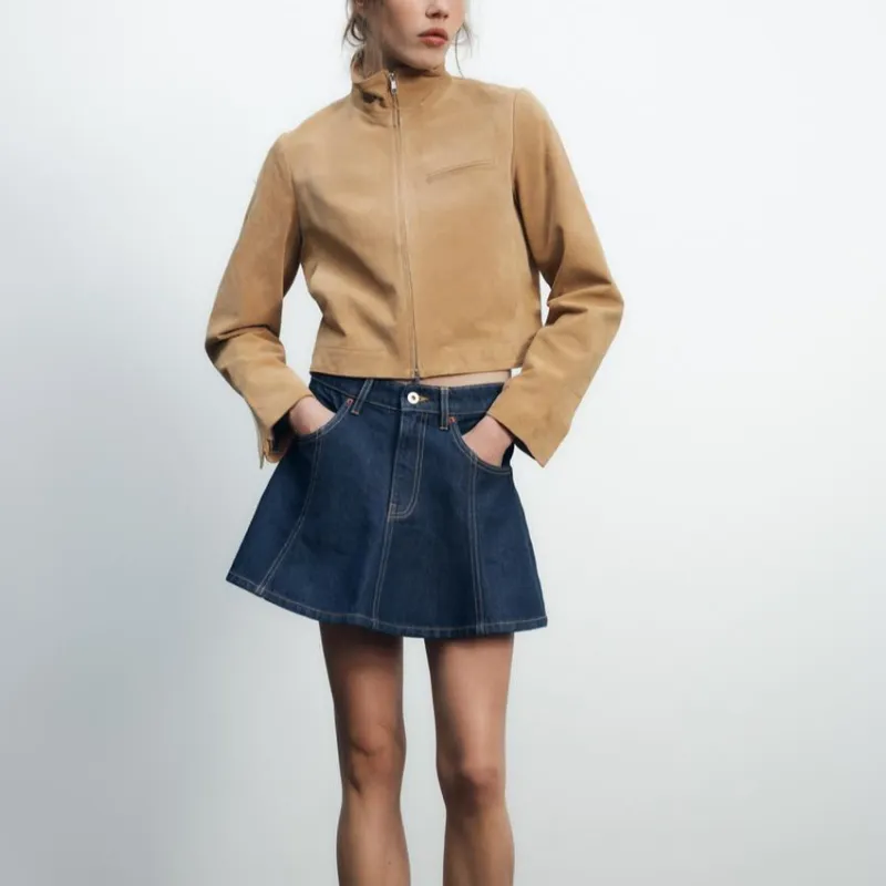 ZARA Trf Denim Short Skirts Women's Deep Indigo Cyan-3