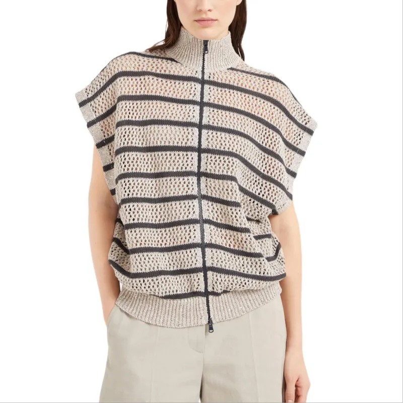 Brunello Cucinelli Striped Zipped Knitted Cardigan-1