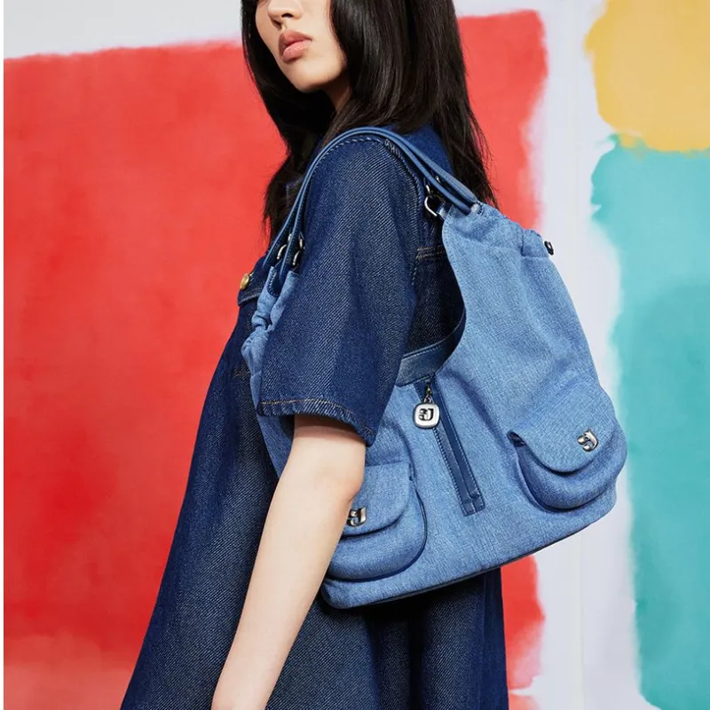 KUNOGIGI Fabric Shoulder Bag Medium Size Unisex Denim Blue-3