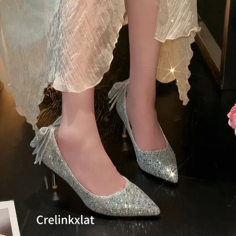 Crelinkxlat French Fairy Soft Pointed Toe Elegance Evening Princess Crystal Slim Heel High Heels Women's-6