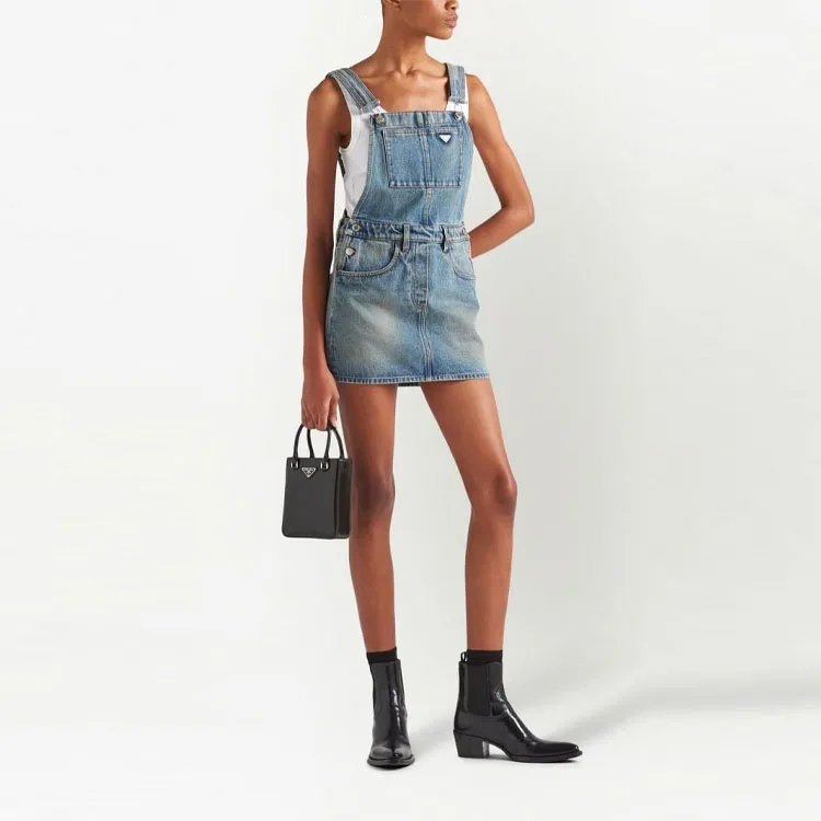 PRADA Logo plaque Denim Bib Dress-1