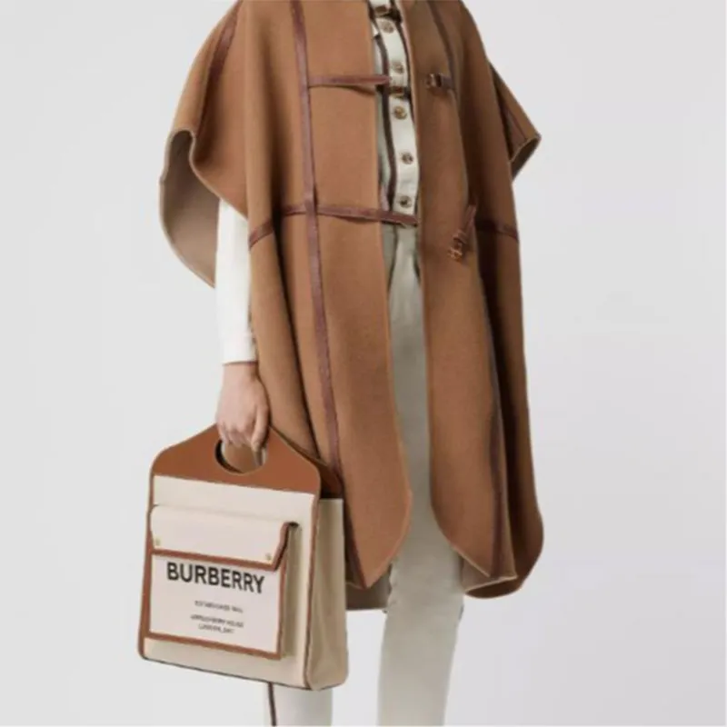 Burberry Pocket Bag Two-Tone Canvas With Leather Shoulder Bag Crossbody Bag Handbag Medium Size Women's Khaki-5