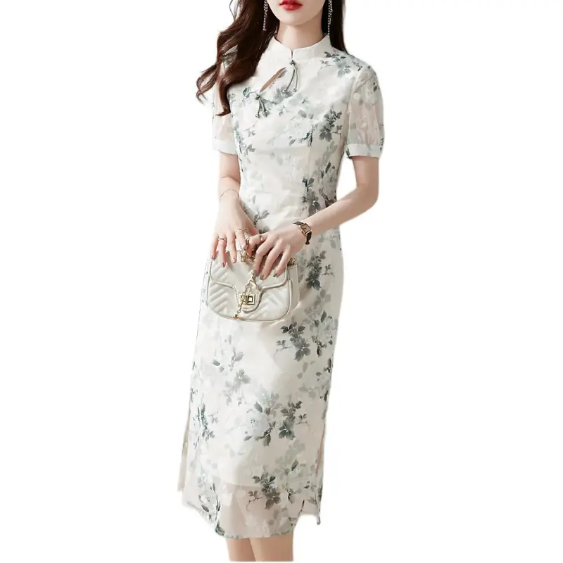 Mo Han Yi Mei Short Sleeved Dress Women's White Base Green Floral-6