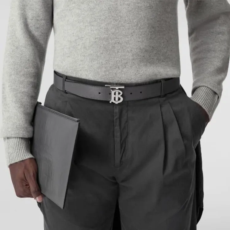 Burberry Letter B Logo Decoration Smooth Buckle Leather Belts Men's Black Width  3.5cm-1
