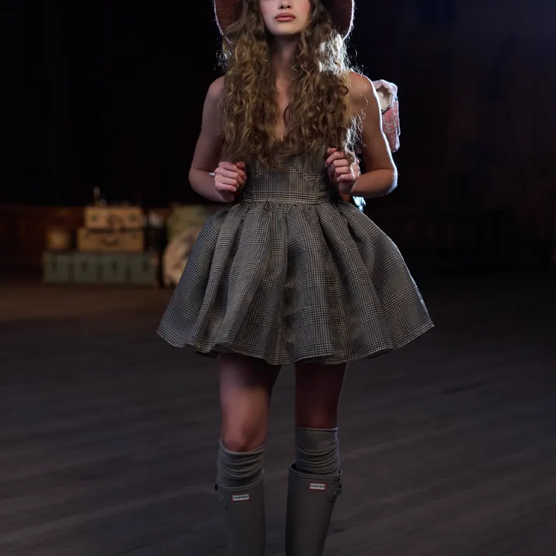 Selkie Collection FW24 Sleeveless Dress Women's Brown Base With Houndstooth Plaid Print-1