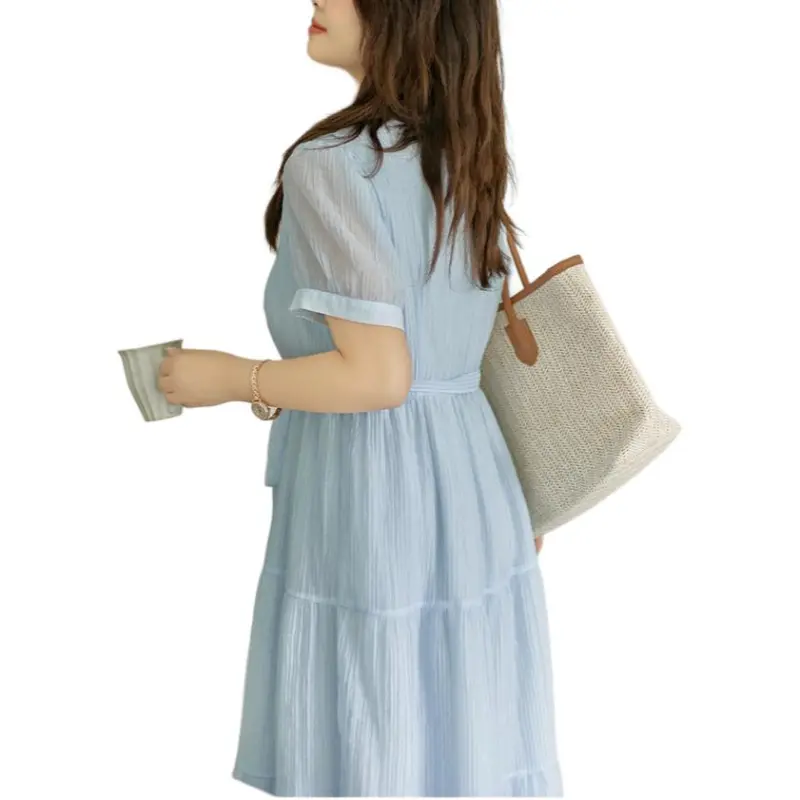 DAMABAIFENBAI Tencel Short Sleeved Dress Women's Blue-1