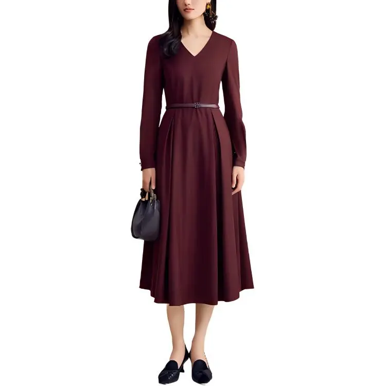 Yiner Long Sleeved Dress Women's Burgundy-2