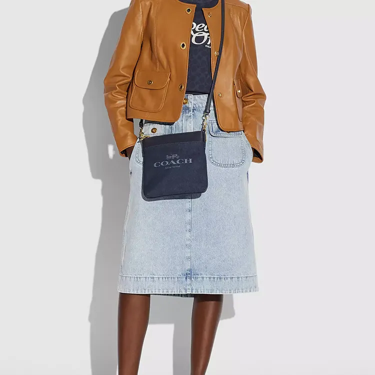COACH Kitt Jacquard With Exquisite Calfskin Messenger Bag Shoulder Bag Crossbody Bag Small Size Women's Denim Blue-4