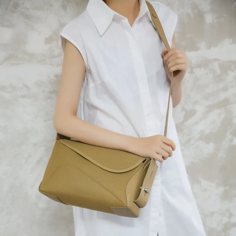 STAR TOWN Cow Split Leather Ribbon Bag Handbag Crossbody Bag Medium Size Women's Almond Yellow/Seaweed Green-5