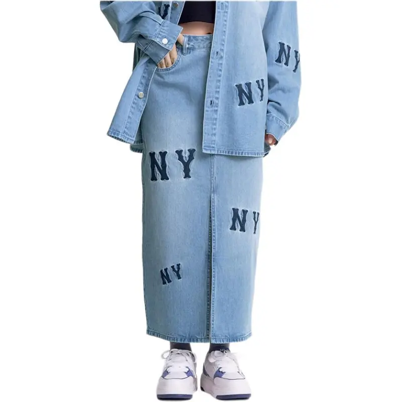 MLB New York Yankees Denim Long Skirts Women's Light Blue-1