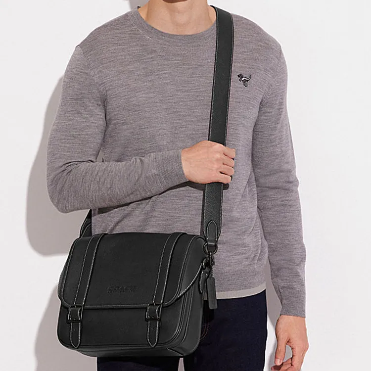 COACH Carriage Pebbled Cow Leather Messenger Bag Shoulder Bag Crossbody Bag Large Size Men's Black-4