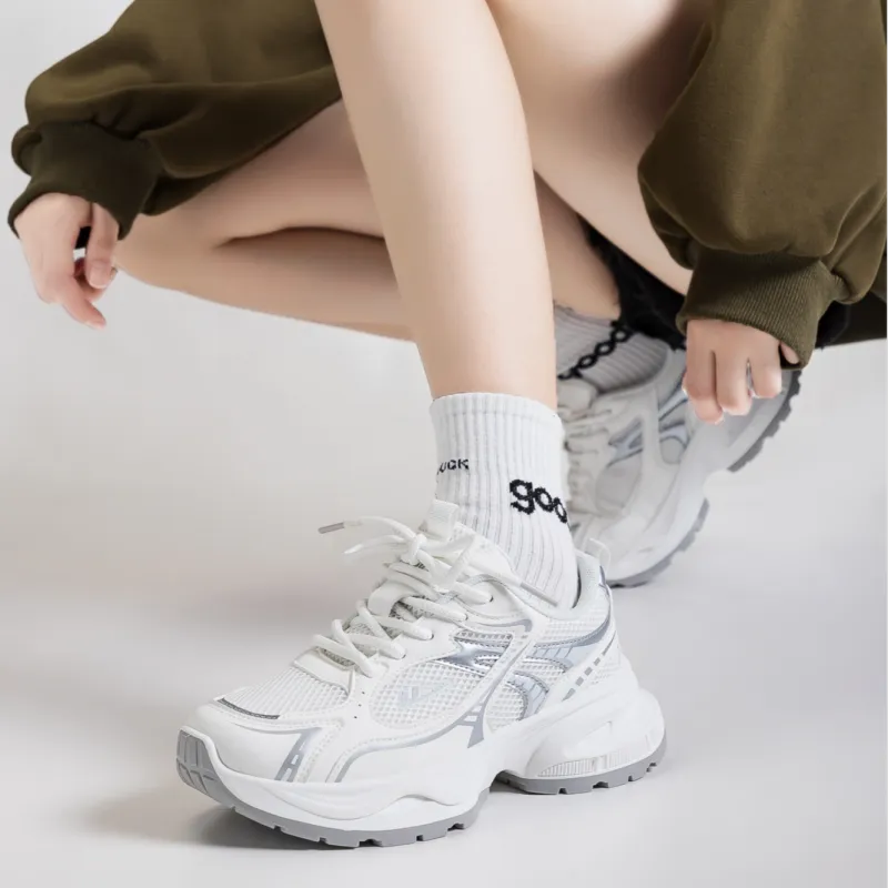 Warrior Anti Slip And Wear Resistant Height Increasing Low Top Chunky Sneakers Women's White Silver-7