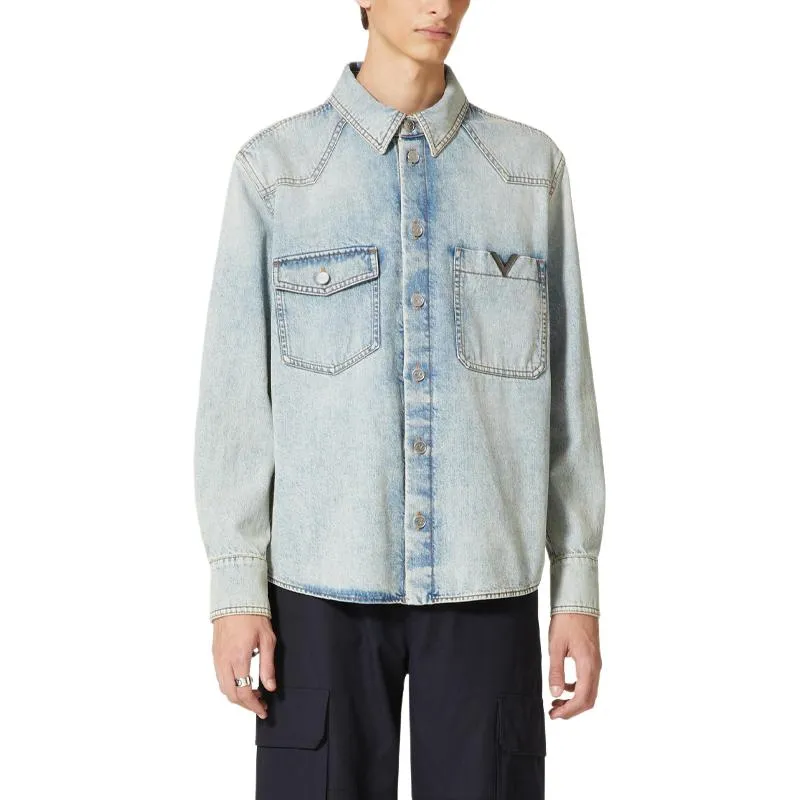 Valentino Logo Plaque Long Sleeved Denim Shirt-1