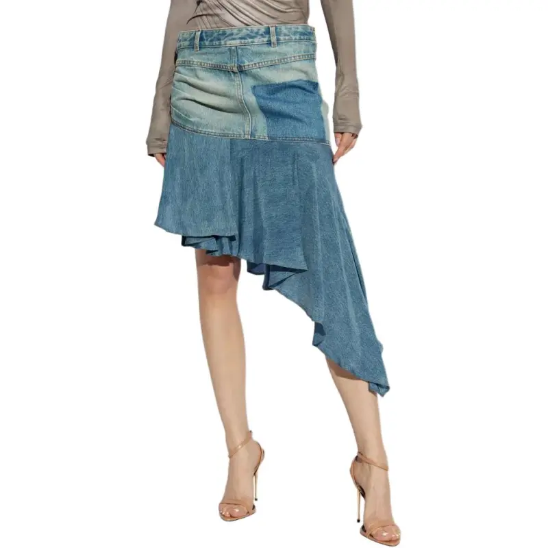 BALMAIN Logo Patch Asymmetric Denim Ruffled Short Skirt-2