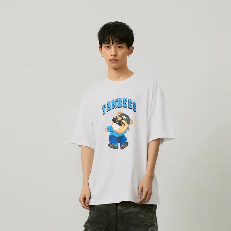 MLB Frown Bear Series SS24 Drop Shoulder Sleeve T Shirt Unisex White-3
