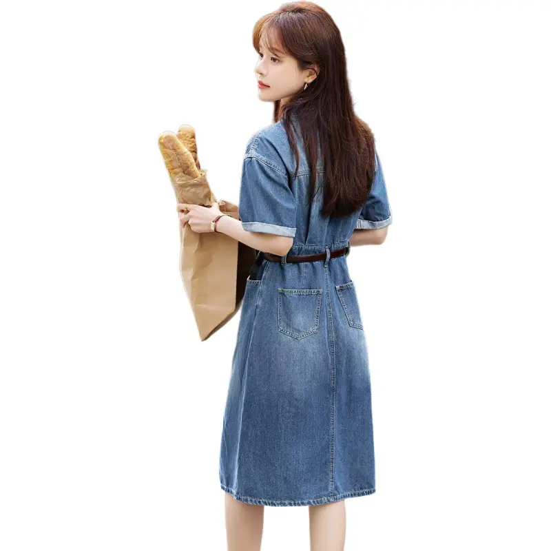 Mo Han Yi Mei Short Sleeved Dress Women's Denim Blue-3