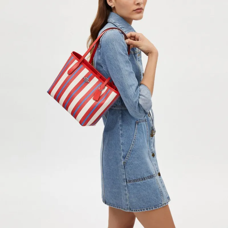 COACH City Coated Canvas With Smooth Leather Tote Bag Shopping Bag Shoulder Bag Handbag Medium Size Women's Red & Blue-3