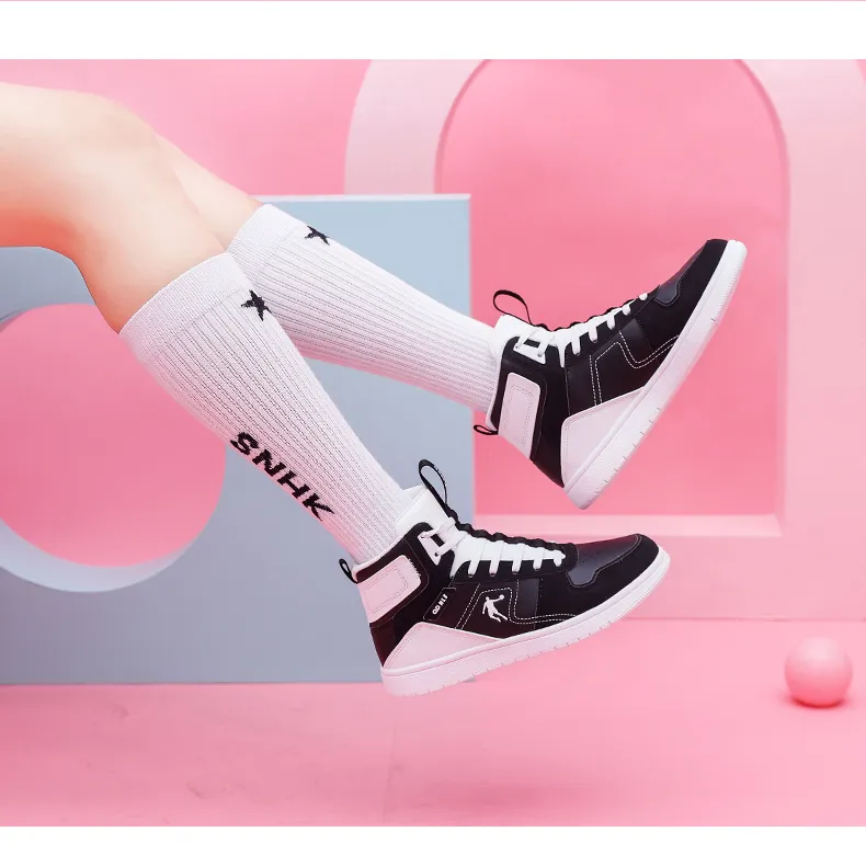QIAODAN Anti Slip Wear Resistant High Top Skateboard Shoes Women's Black White-2