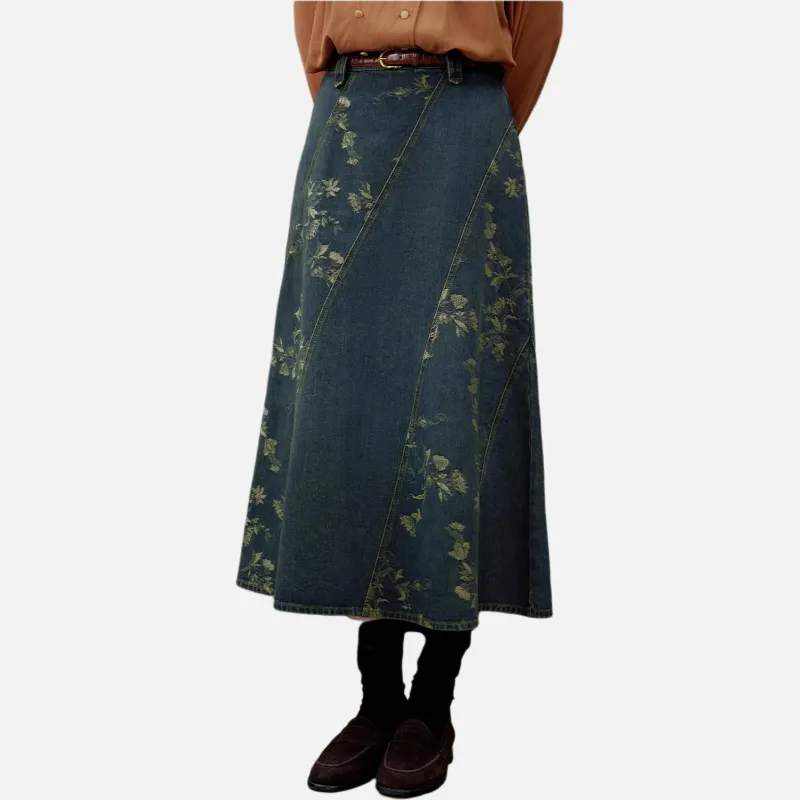 SOLIGHTER Denim Long Skirts Women's Vintage Jacquard-1