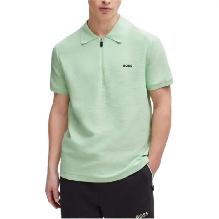 HUGO BOSS Short Sleeved Zip Neck Polo Sweater With Logo Detail Polo Shirt Men's Green-2