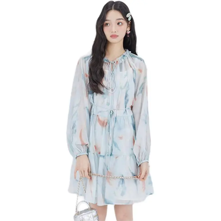 DEAR DEER PUFF Long Sleeved Dress Women's Blue Cropped-4