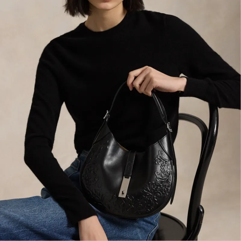 Polo Ralph Lauren Polo ID Cow Leather Portable Crossbody Bag Shoulder Bag Small Size Women's Black-4