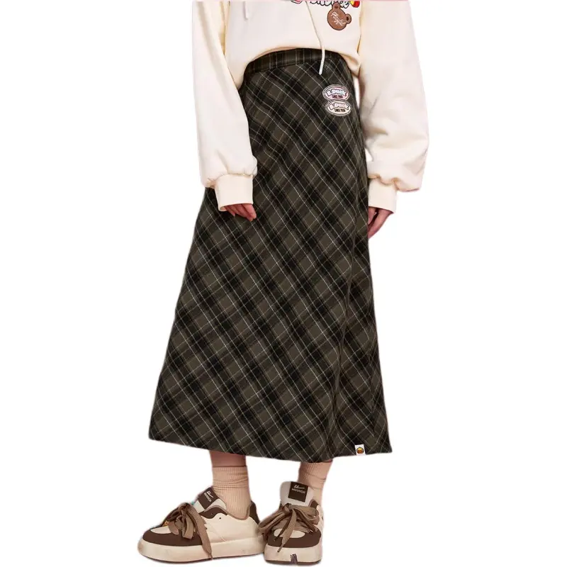 B.Duck Casual Long Skirts Women's Brown Plaid-2