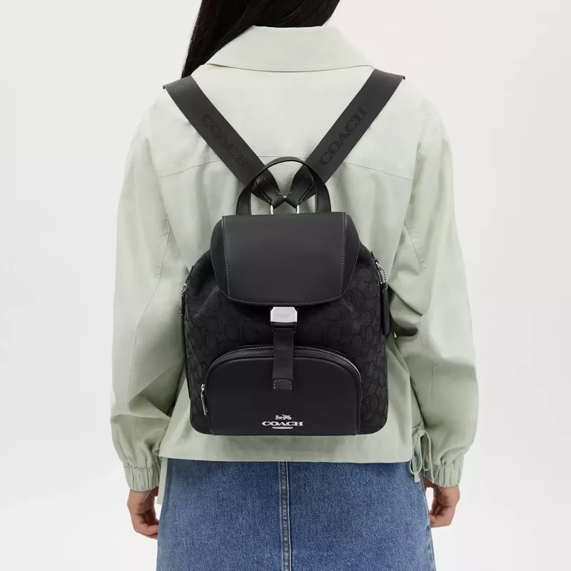 COACH Jacquard With Calfskin Backpack Tubas Women's Black & Silver-4