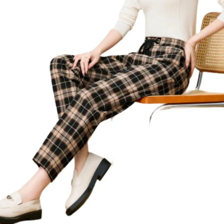 FENHONGMALI Casual Pants Women's Black Plaid-2