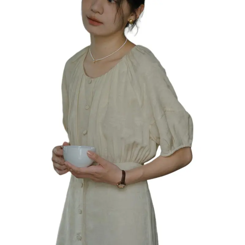 SOLIGHTER Short Sleeved Dresses Women's Beige-1